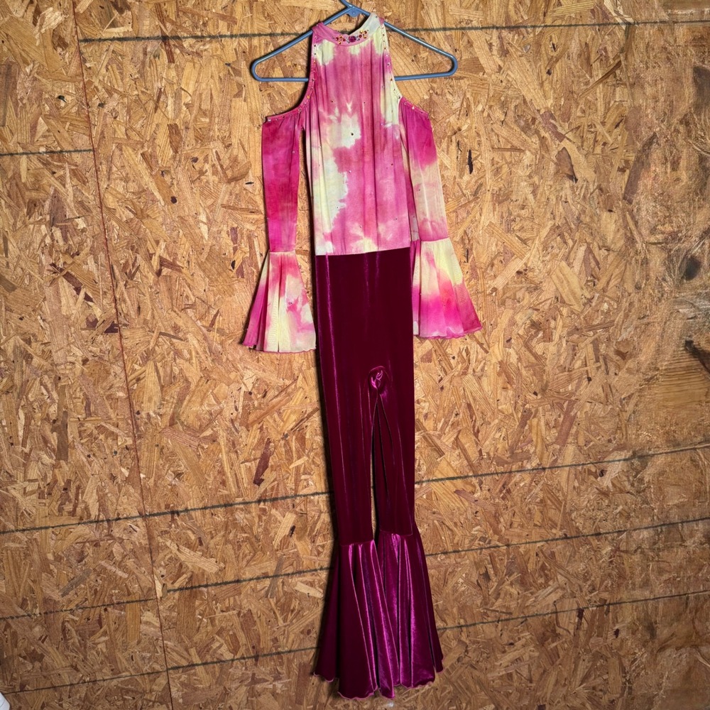 Pumpers Dance Costume Jumpsuit One Piece Outfit Bell Sleeve Velour Flare Adult M